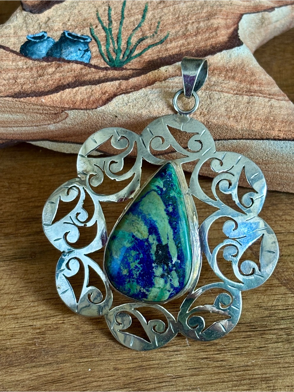 Large Sterling Silver Teardrop Blue-Green Azurite-Malachite Pendant 3” x 2.5”